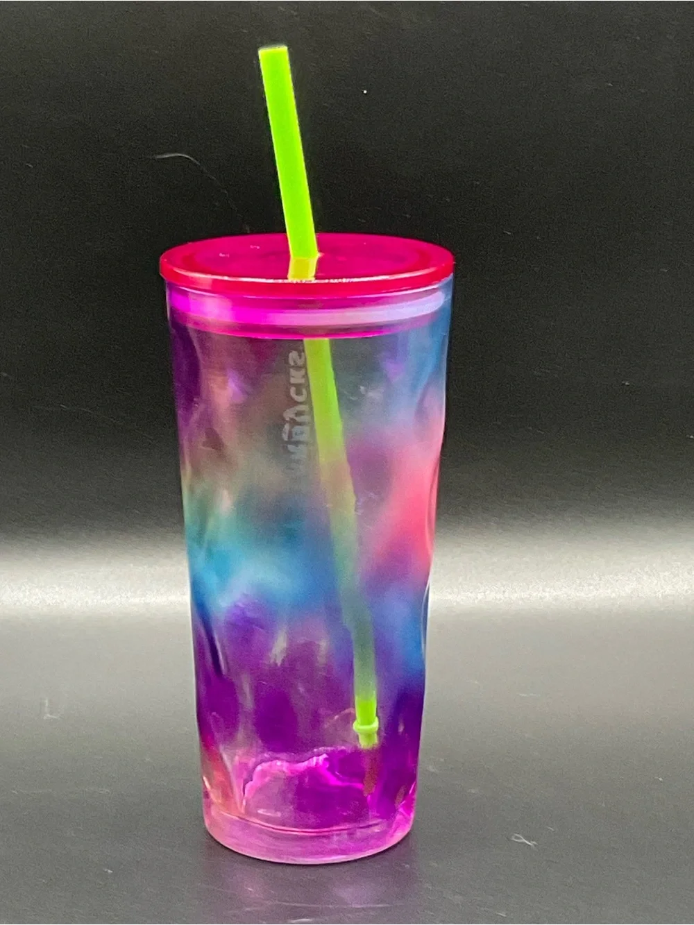 Starbucks 2024 Retired 16 oz Rainbow Glass Tumbler Pink Lid Green Straw tie dye